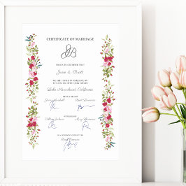 Póster Certificado boda Floral Rosa y Garland Rojo