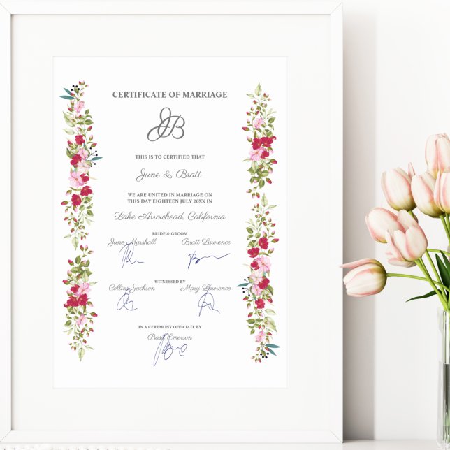 Póster Certificado boda Floral Rosa y Garland Rojo (Subido por el creador)