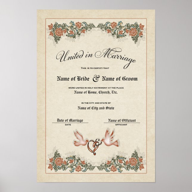 Póster Certificado Boda-Matrimonio-(Keepsake ornamental) (Frente)