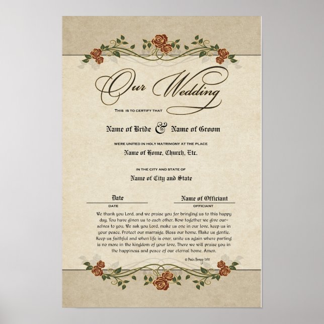 Póster Certificado Boda-Matrimonio-(Keepsake ornamental) (Frente)