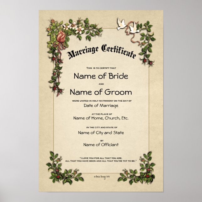 Póster Certificado Boda-Matrimonio-(Keepsake ornamental) (Frente)