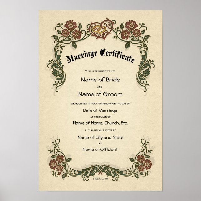 Póster Certificado Boda-Matrimonio-(Keepsake ornamental) (Frente)