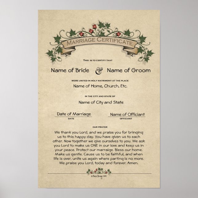 Póster Certificado Boda-Matrimonio-(Keepsake ornamental) (Frente)