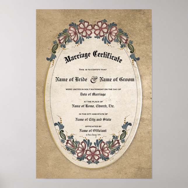 Póster Certificado Boda-Matrimonio: (Keepsake ornamental) (Frente)