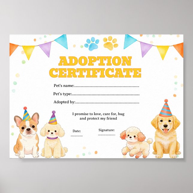 Póster Certificado de adopción de mascota cachorro de per (Frente)