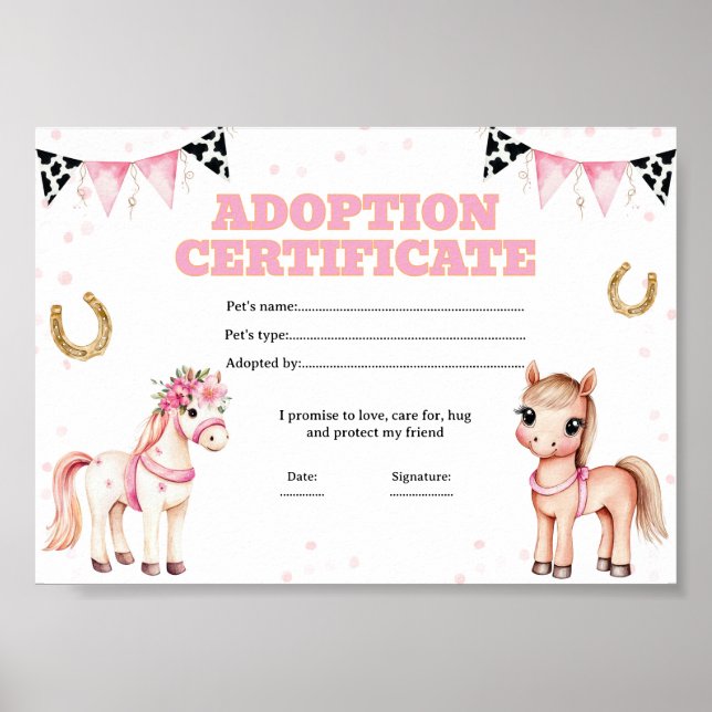 Póster certificado de adopción de mascota de caballo (Frente)