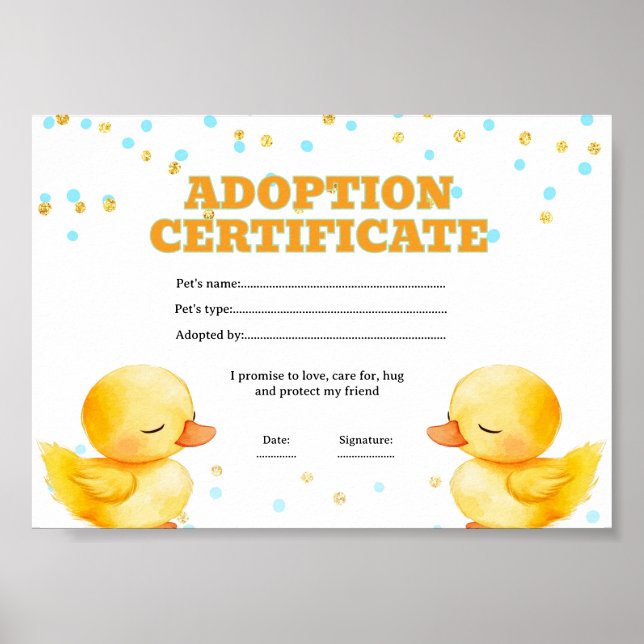 Póster Certificado de adopción de mascota de pato (Frente)