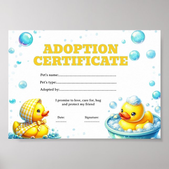 Póster certificado de adopción de pato editable  (Frente)