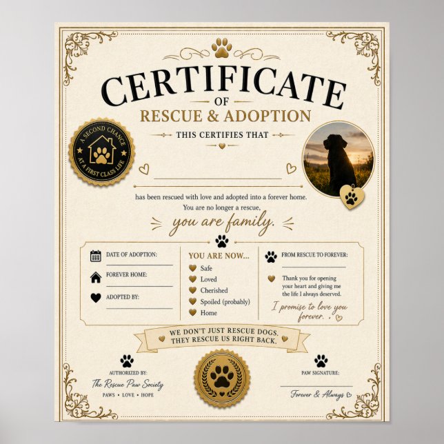 Póster Certificado de Adopción de Perro Personalizado Reg (Frente)