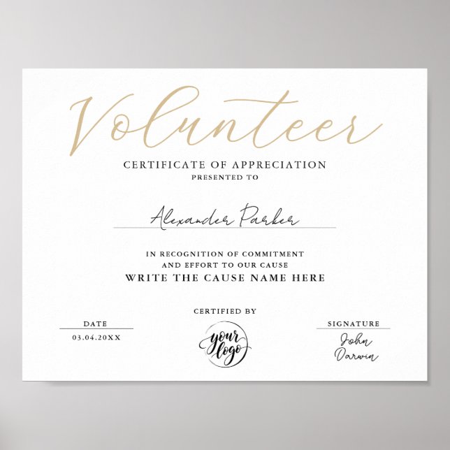 Póster Certificado de Agradecimiento para Voluntarios de  (Frente)