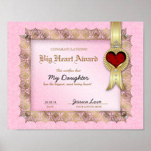 Póster Certificado de amor al Gran Corazón Diploma Héroe
