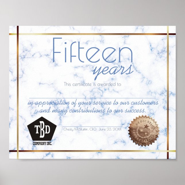 Póster Certificado de aniversario de empleado de hito de  (Frente)