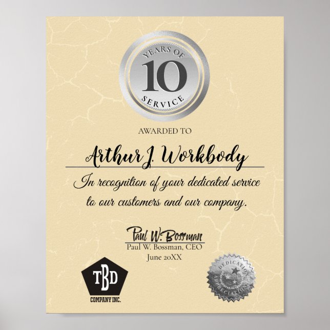 Póster Certificado de aniversario de empleado de plata de (Frente)