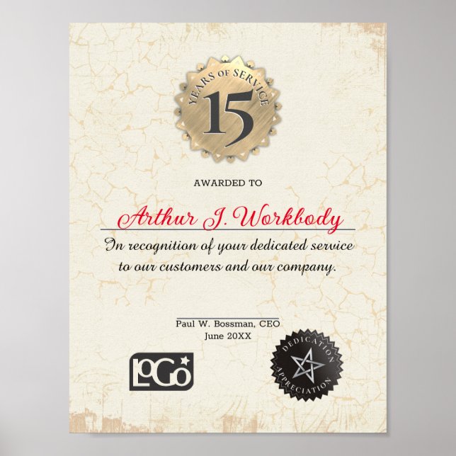 Póster Certificado de aniversario del empleado de oro de  (Frente)