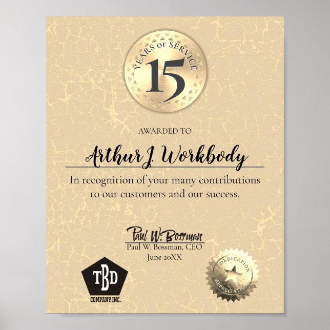 Póster Certificado de aniversario del empleado de oro de  (Frente)