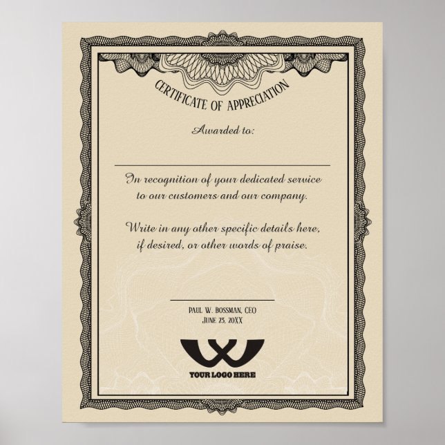 Póster Certificado de apreciación de la indemnización de  (Frente)