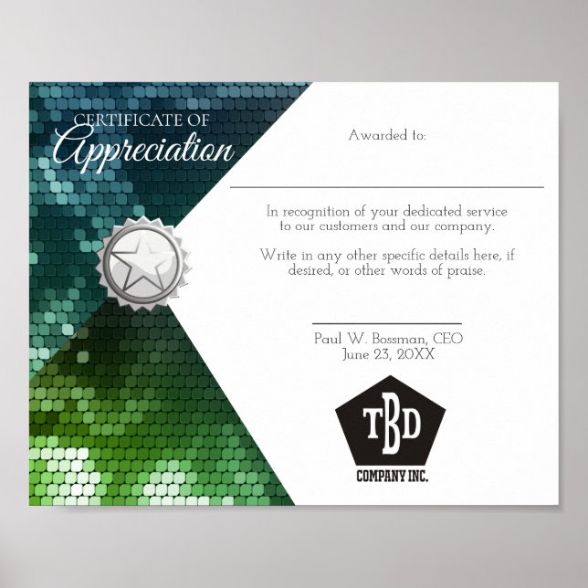 Póster Certificado de apreciación de la indemnización de  (Frente)