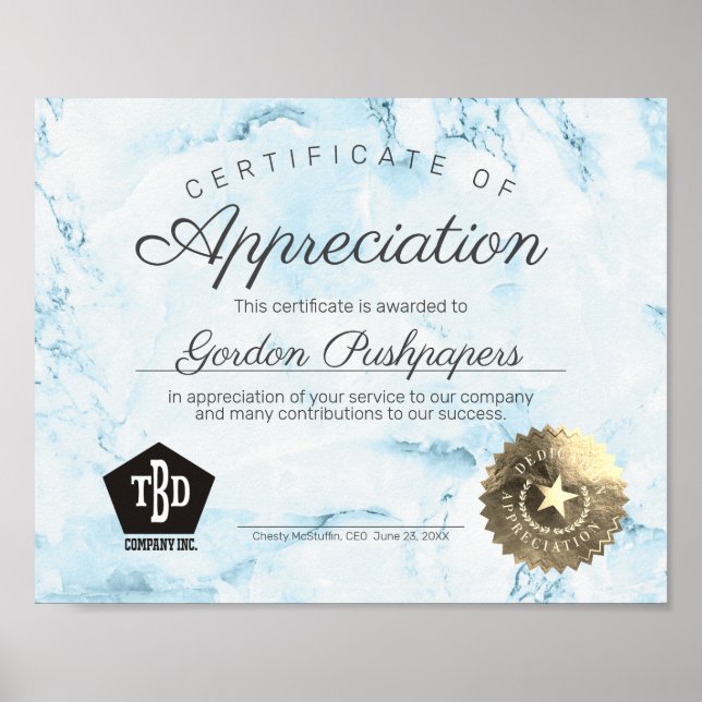 Póster Certificado de apreciación de los empleados volunt (Frente)