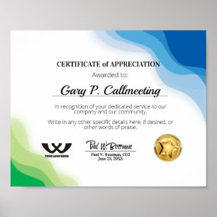 Póster Certificado de apreciación de puestos de empleados