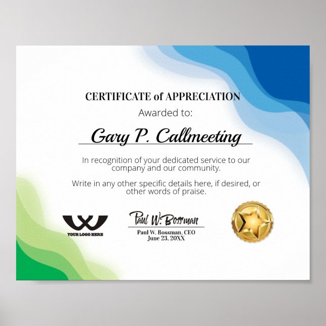 Póster Certificado de apreciación de puestos de empleados (Frente)