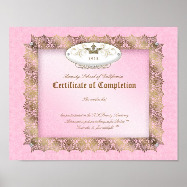 Póster Certificado de Belleza Diploma de Oro Rosa (Frente)