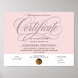 Póster Certificado de Belleza Profesional Rosa Chic Blush