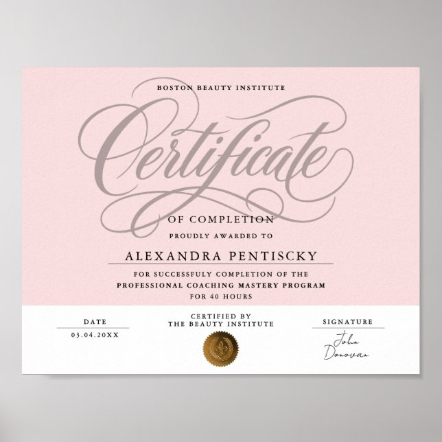 Póster Certificado de Belleza Profesional Rosa Chic Blush (Frente)
