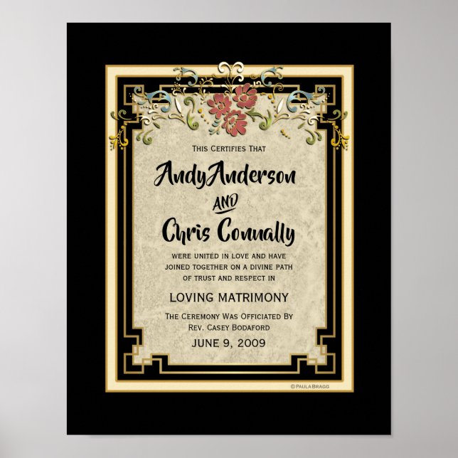 Póster Certificado de Boda alternativo floral de marfil/o (Frente)