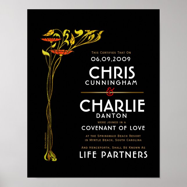 Póster Certificado de Boda alternativo Floral Gold Black (Frente)
