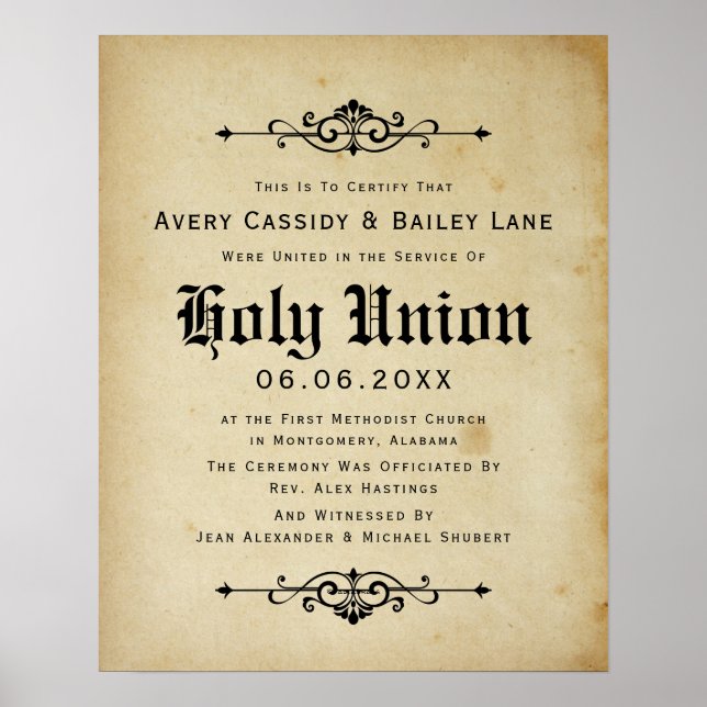 Póster Certificado de Boda antiguo "Matrimonio sagrado" (Frente)