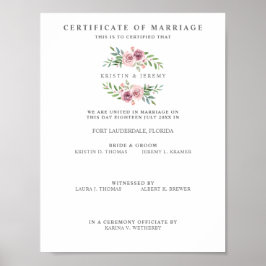 Póster Certificado de boda con flor rosa