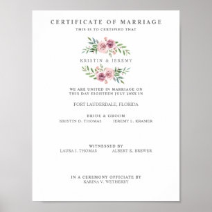 Póster Certificado de boda con flor rosa