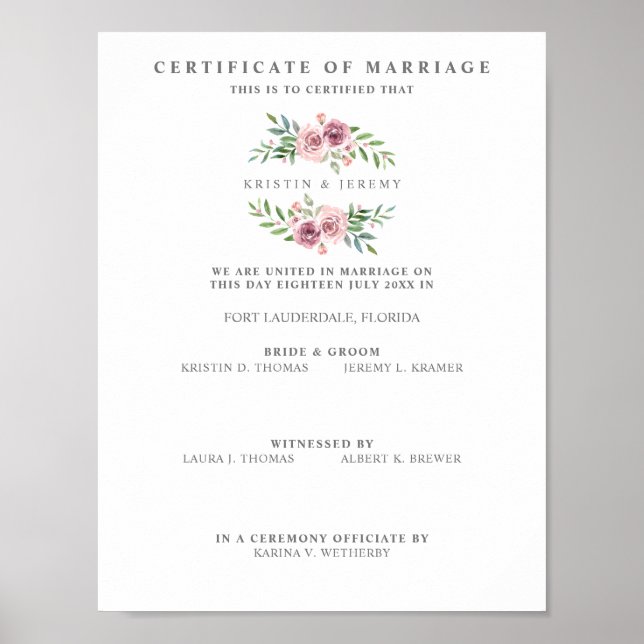 Póster Certificado de boda con flor rosa (Frente)