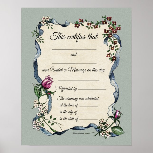 Póster Certificado de Boda de borde de cinta floral (Frente)