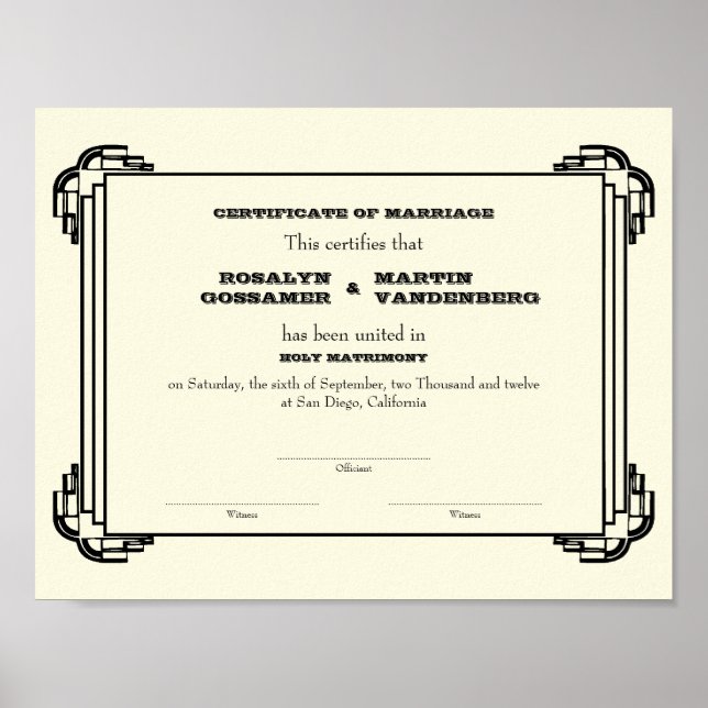 Póster Certificado de boda de mantenimiento de cuadro de  (Frente)