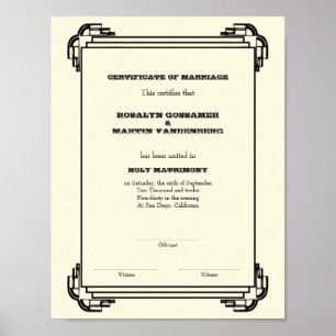 Póster Certificado de boda de mantenimiento de cuadro de