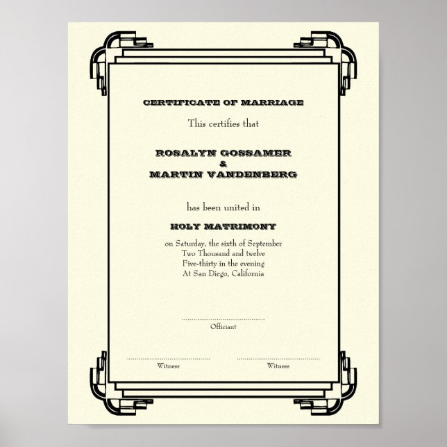 Póster Certificado de boda de mantenimiento de cuadro de  (Frente)