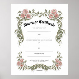 Póster Certificado de Boda de matrimonio verde rosa flora