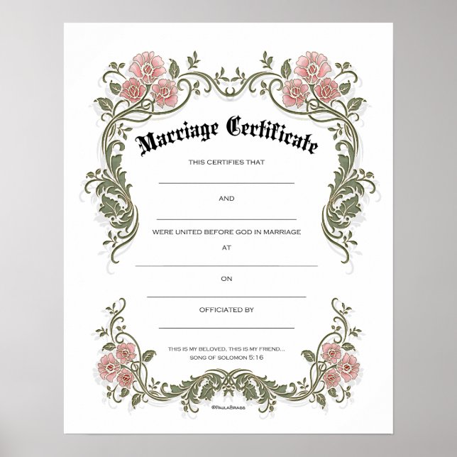 Póster Certificado de Boda de matrimonio verde rosa flora (Frente)