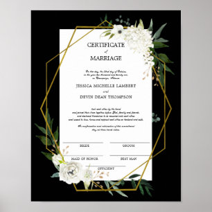 Póster Certificado de Boda de oro blanco floral