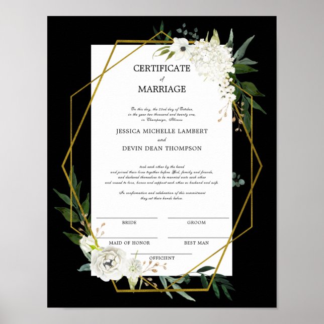 Póster Certificado de Boda de oro blanco floral (Frente)