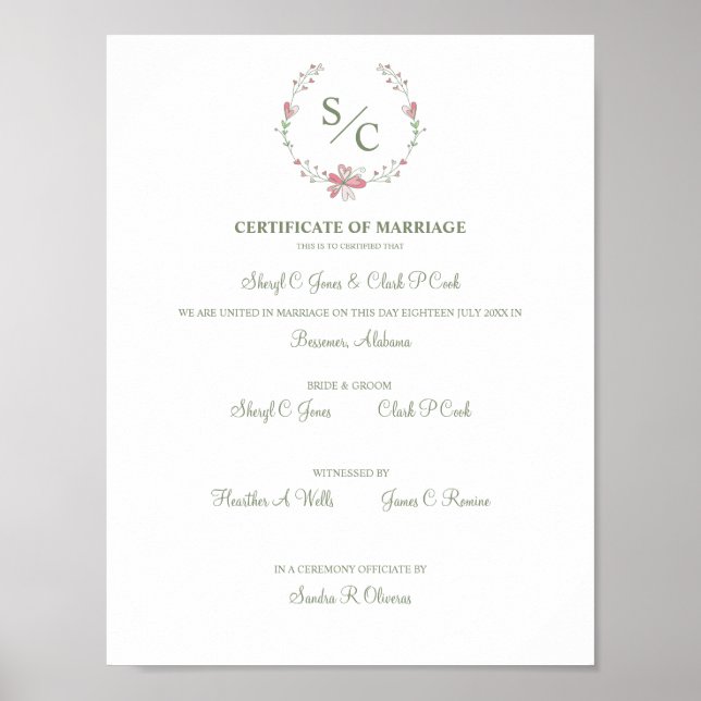 Póster Certificado de Boda de Symbolyc Pink Floral Garlan (Frente)