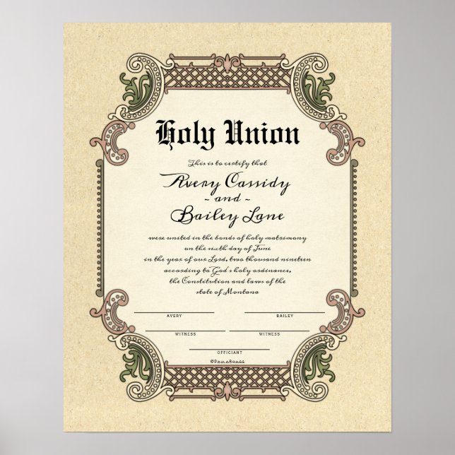 Póster Certificado de Boda de Trellis de la Unión Santa (Frente)