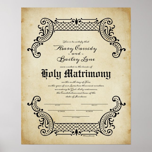 Póster Certificado de Boda de Trellis de la Unión Santa (Frente)