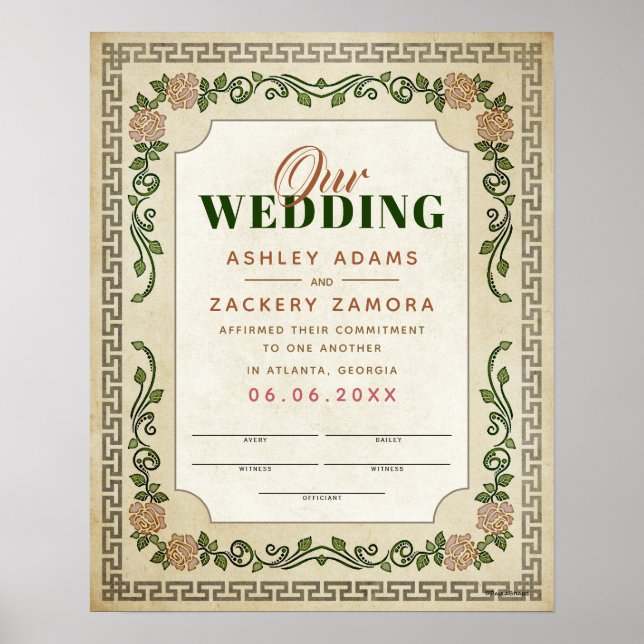 Póster Certificado de Boda de vino floral griego antiguo (Frente)