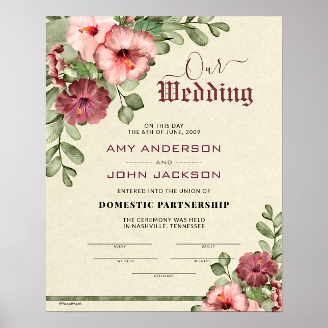 Póster Certificado de Boda floral de la "asociación nacio (Frente)