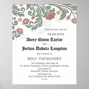 Póster Certificado de Boda Floral de "Matrimonio Sagrado"