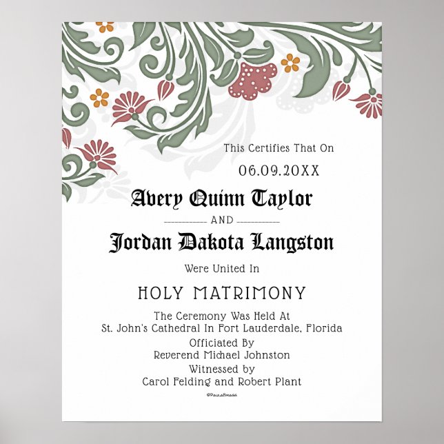 Póster Certificado de Boda Floral de "Matrimonio Sagrado" (Frente)