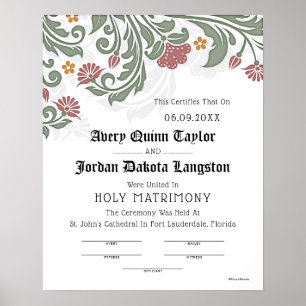 Póster Certificado de Boda Floral de "Matrimonio Sagrado"