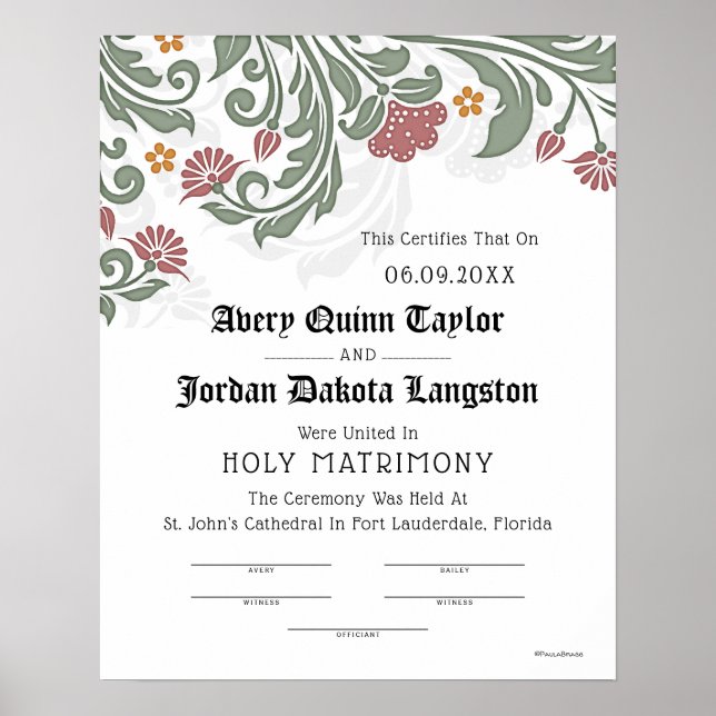 Póster Certificado de Boda Floral de "Matrimonio Sagrado" (Frente)